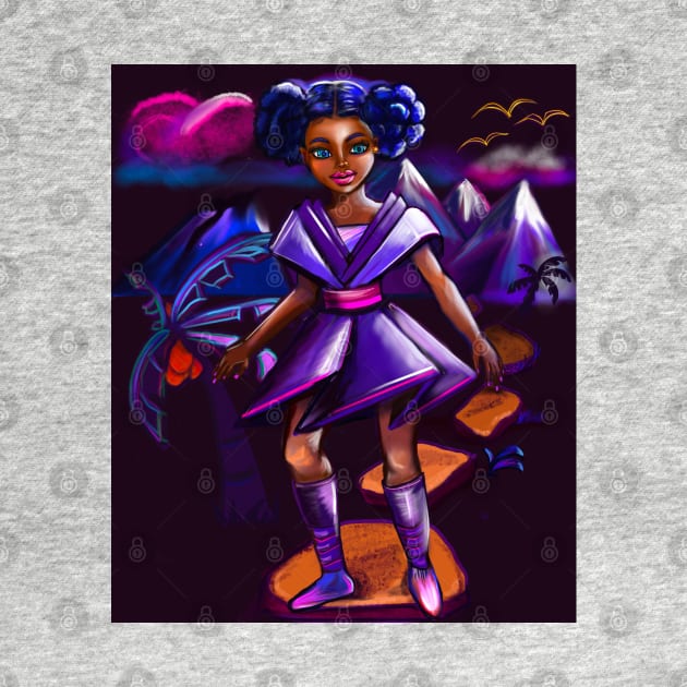 Anime girl with two puffs and lighting. Black afro anime girl in purple space fantasy scene ! beautiful  black girl with Braided hair, blue eyes, Cherry pink lips and dark brown skin. Hair love ! by Artonmytee